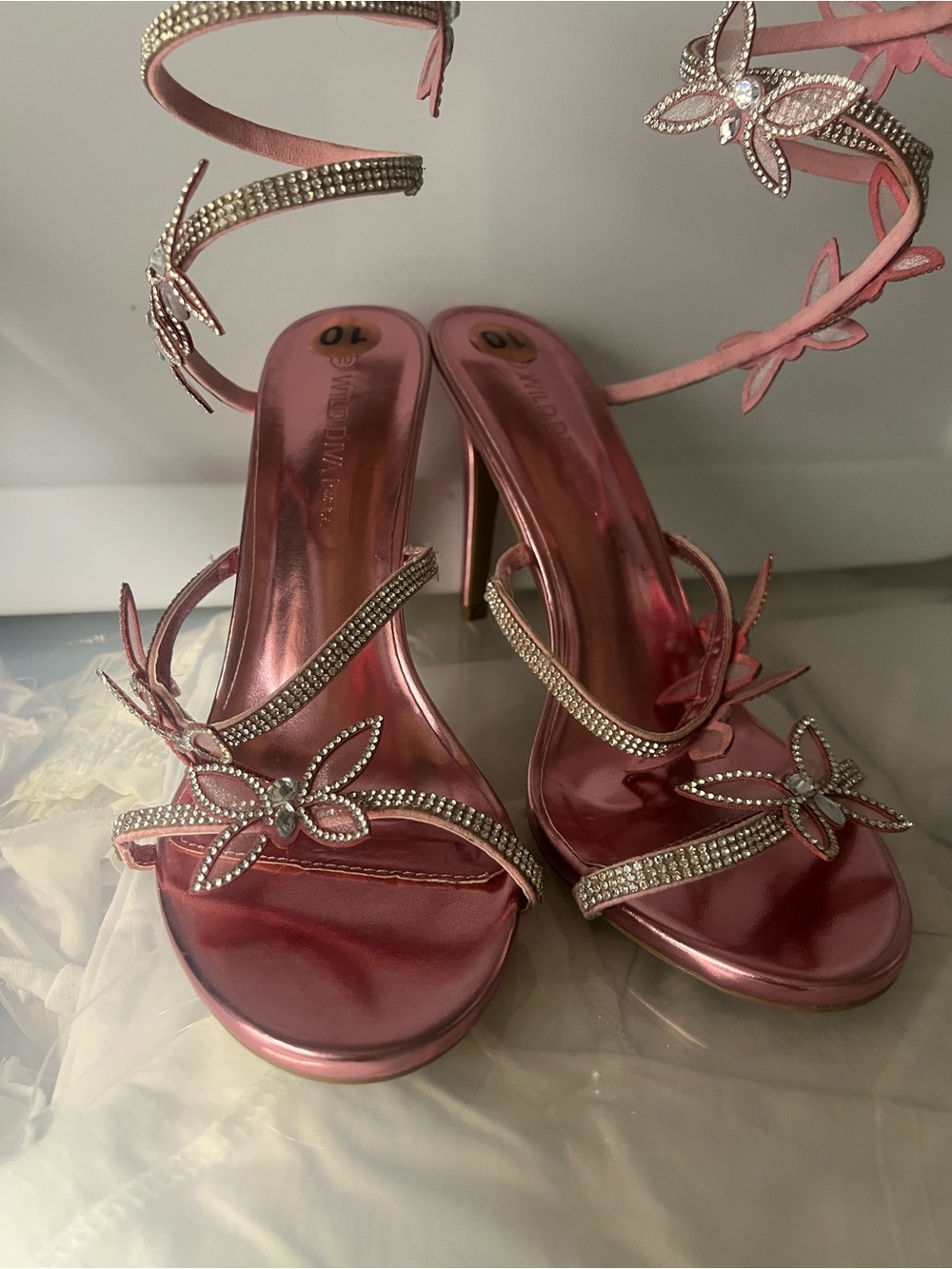 Wild Diva Metallic Pink Butterfly Rhinestone Heels